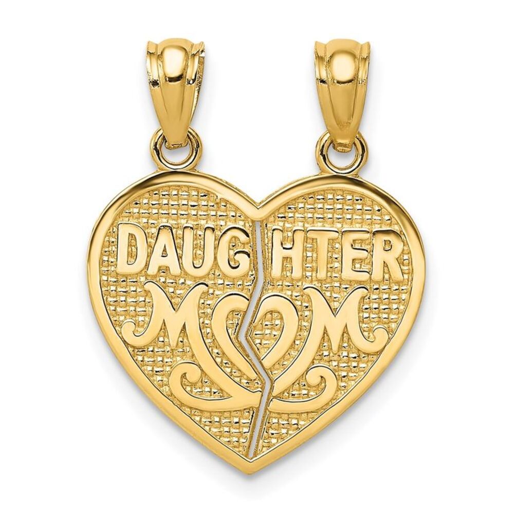 14k Yellow Gold Daughter, Mom Set of 2 Heart Pendant, 17mm